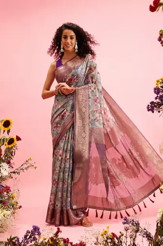 Grey Floral Digital Print Cotton Saree