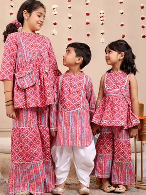 Budding bees girls cotton bandhani printed sleeveless top with sharara set 2pc festive set with matching bag-pink 6