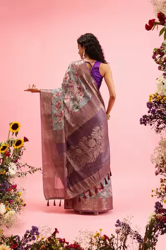 Grey Floral Digital Print Cotton Saree