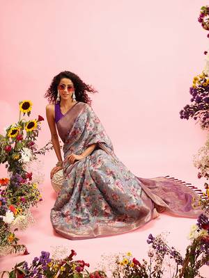 Grey Floral Digital Print Cotton Saree 4