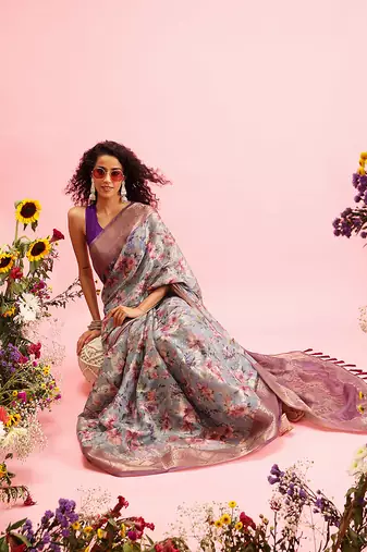 Grey Floral Digital Print Cotton Saree