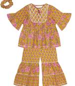 Budding bees girls cotton bandhani printed 3/4 sleeve top & sharara set 2pc festive set with scrunchies-mustard