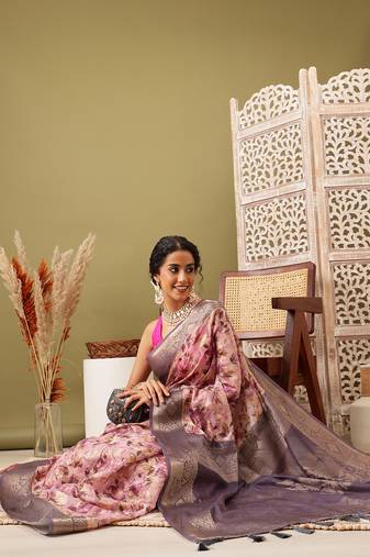 Pink Floral Digital Print Cotton Saree