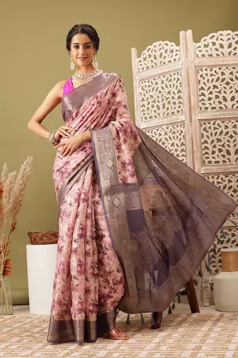 Pink Floral Digital Print Cotton Saree