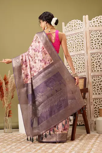 Pink Floral Digital Print Cotton Saree