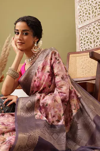 Pink Floral Digital Print Cotton Saree