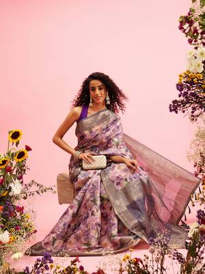 Lavender Floral Digital Print Cotton Saree 1