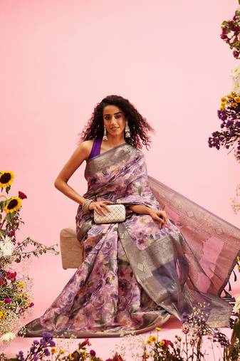 Lavender Floral Digital Print Cotton Saree