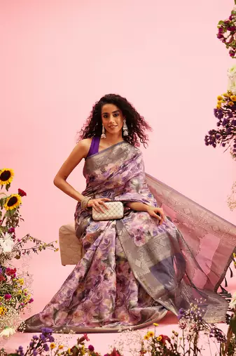 Lavender Floral Digital Print Cotton Saree