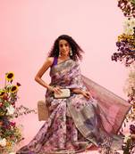 Lavender Floral Digital Print Cotton Saree