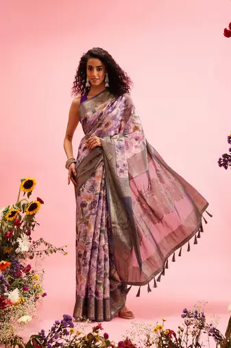 Lavender Floral Digital Print Cotton Saree