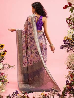Lavender Floral Digital Print Cotton Saree 3