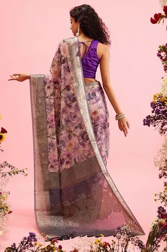 Lavender Floral Digital Print Cotton Saree