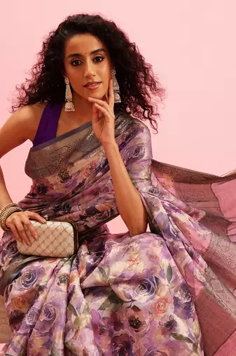 Lavender Floral Digital Print Cotton Saree