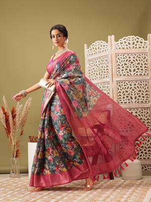 Teal Floral Digital Print Cotton Saree 1