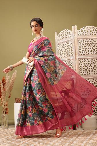 Teal Floral Digital Print Cotton Saree