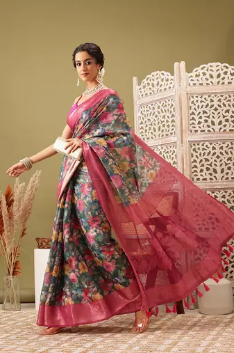 Teal Floral Digital Print Cotton Saree