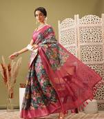 Teal Floral Digital Print Cotton Saree
