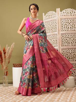 Teal Floral Digital Print Cotton Saree 2