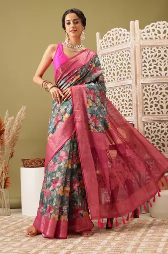 Teal Floral Digital Print Cotton Saree