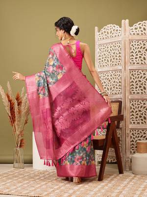 Teal Floral Digital Print Cotton Saree 3