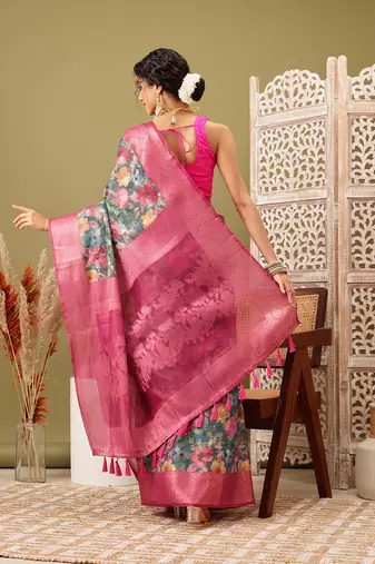 Teal Floral Digital Print Cotton Saree