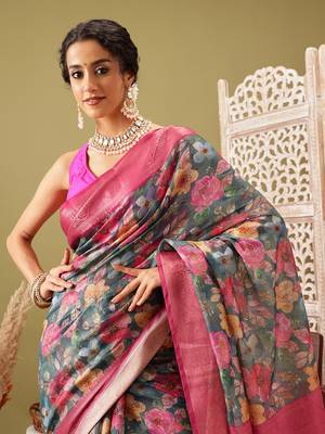 Teal Floral Digital Print Cotton Saree 4