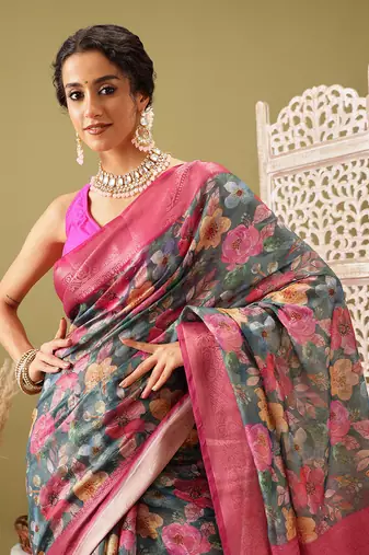 Teal Floral Digital Print Cotton Saree