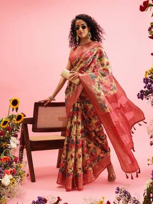 Mustard Floral Digital Print Cotton Saree 1