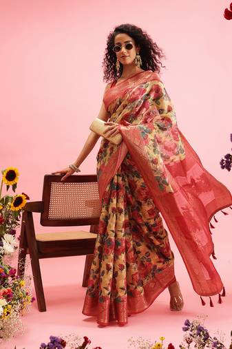 Mustard Floral Digital Print Cotton Saree