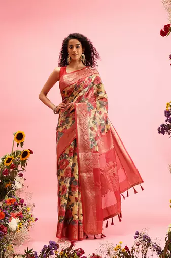 Mustard Floral Digital Print Cotton Saree