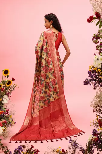 Mustard Floral Digital Print Cotton Saree