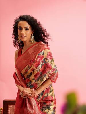 Mustard Floral Digital Print Cotton Saree 4