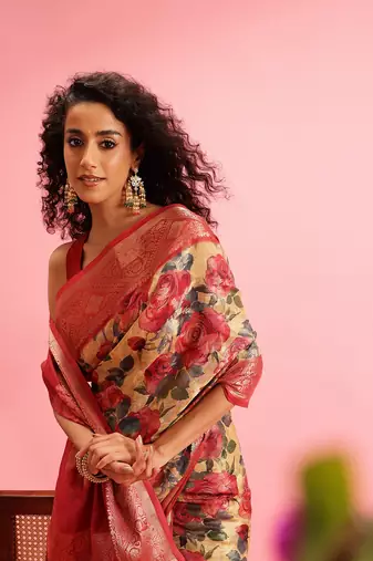 Mustard Floral Digital Print Cotton Saree