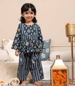 Budding bees girls cotton bandhani printed 3/4 sleeve top & pajama set 2pc festive set with matching bag-blue