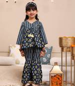 Budding bees girls cotton bandhani printed 3/4 sleeve top pajama & set 2pc festive with matching hairband set-blue