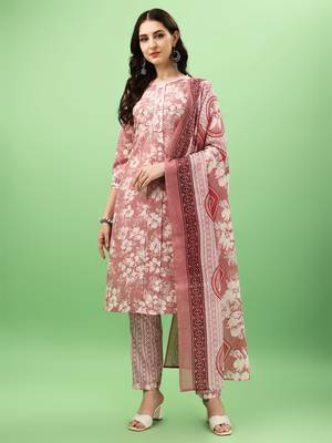 Cotton Fabric Printed work Straight cut Kurta, Pant and Dupatta Set 1