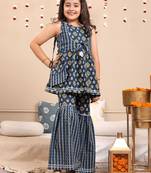 Budding bees girls cotton bandhani printed short sleeve top & pajama set 2pc festive set with matching bag-blue