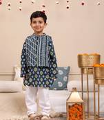 Budding bees boys cotton foil striped full sleeve kurta pajama set 2pc festive set-orange