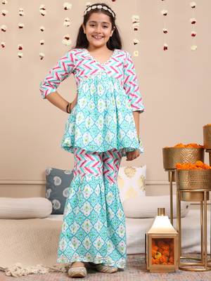 Budding bees girls cotton bandhani printed 3/4 sleeve top & sharara 2pc set with matching scrunchies-blue 1