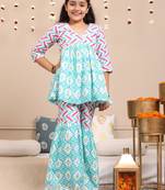 Budding bees girls cotton bandhani printed 3/4 sleeve top & sharara 2pc set with matching scrunchies-blue