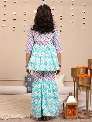 Budding bees girls cotton bandhani printed 3/4 sleeve top & sharara 2pc set with matching scrunchies-blue 3