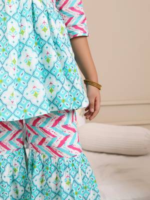 Budding bees girls cotton bandhani printed 3/4 sleeve top & sharara 2pc set with matching scrunchies-blue 4
