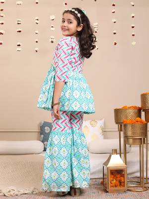 Budding bees girls cotton bandhani printed 3/4 sleeve top & sharara 2pc set with matching scrunchies-blue 5