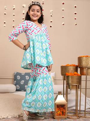 Budding bees girls cotton bandhani printed 3/4 sleeve top & sharara 2pc set with matching scrunchies-blue 6