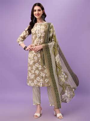 Cotton Fabric Printed work Straight cut Kurta, Pant and Dupatta Set 1
