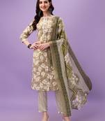 Cotton Fabric Printed work Straight cut Kurta, Pant and Dupatta Set