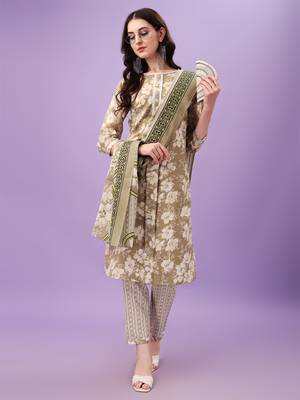 Cotton Fabric Printed work Straight cut Kurta, Pant and Dupatta Set 5