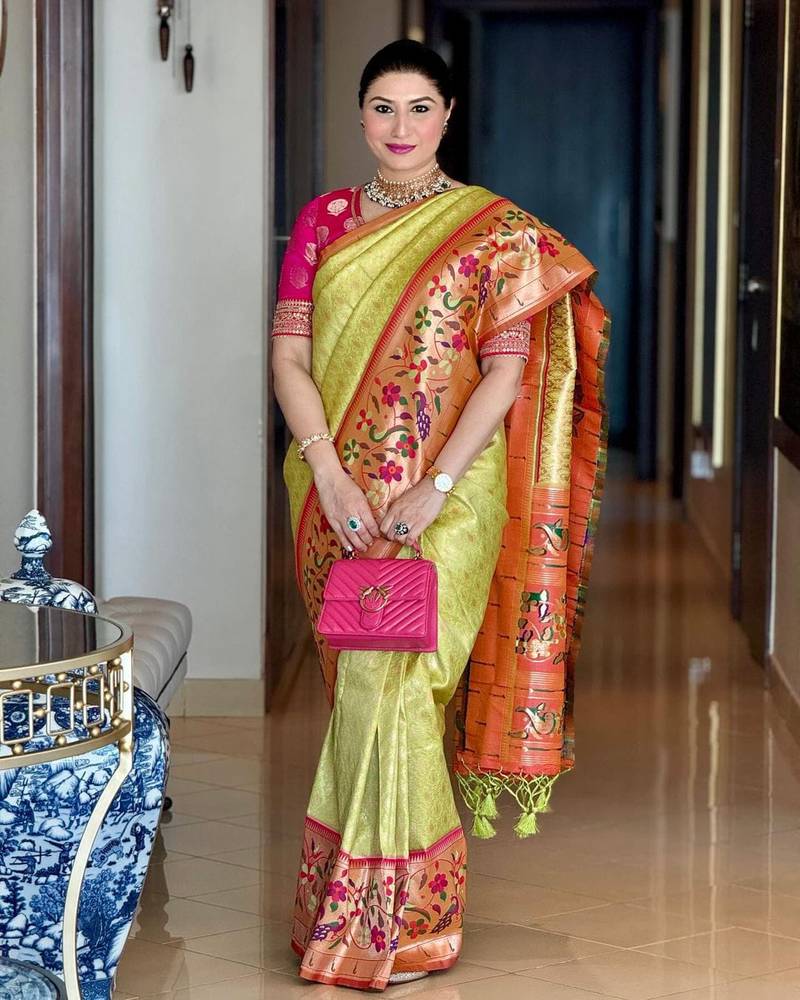 mustard soft banarasi paithani silk saree with beautiful combination of kanjivaram saree