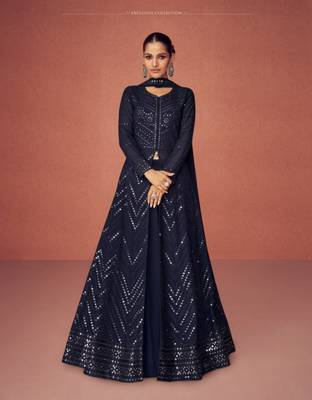 Navy blue embroidered faux georgette semi stitched anarkali suit 1